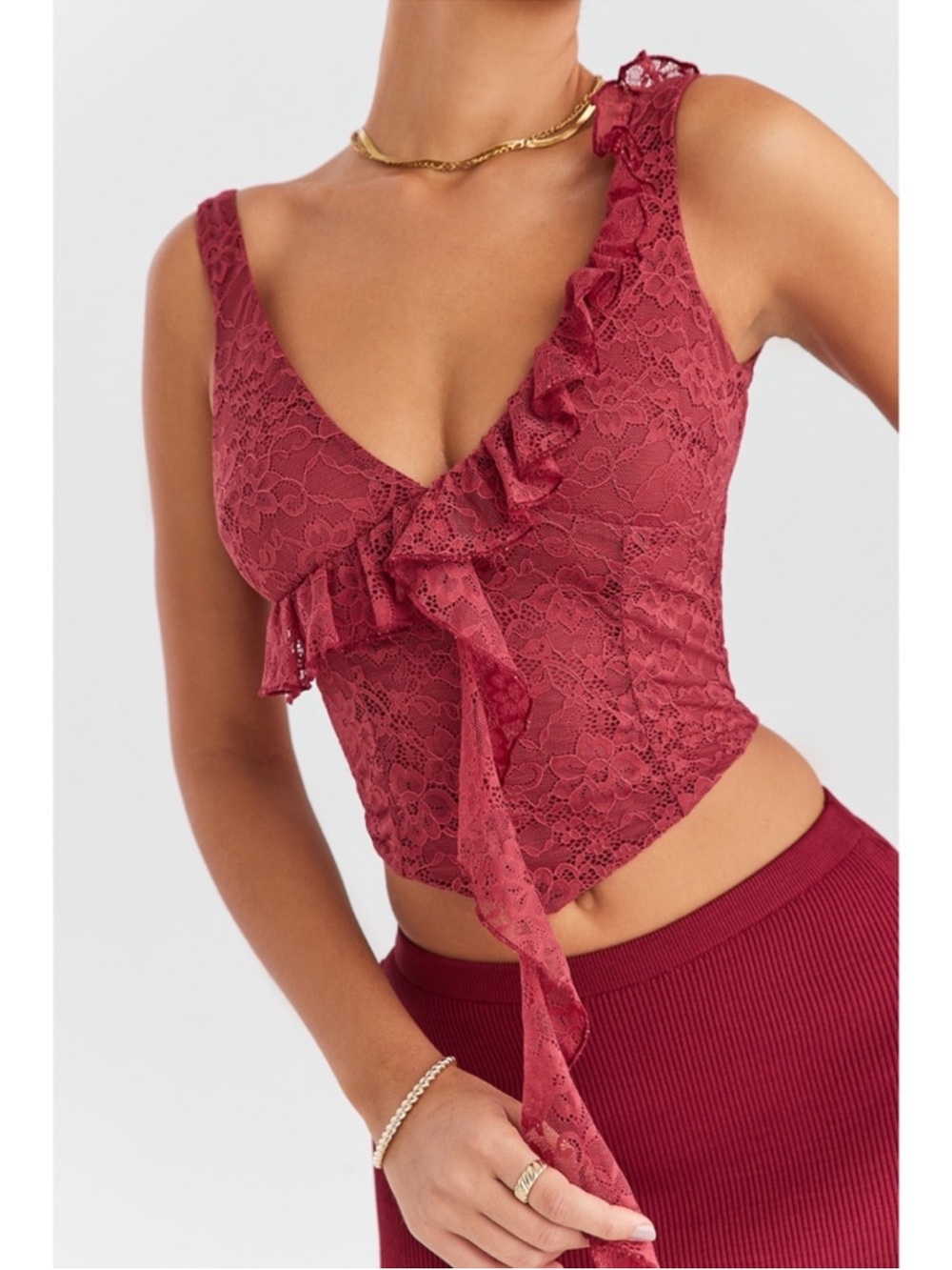 Mistress Rocks Sangria Lace Ruffled V-Neck Crop Cami